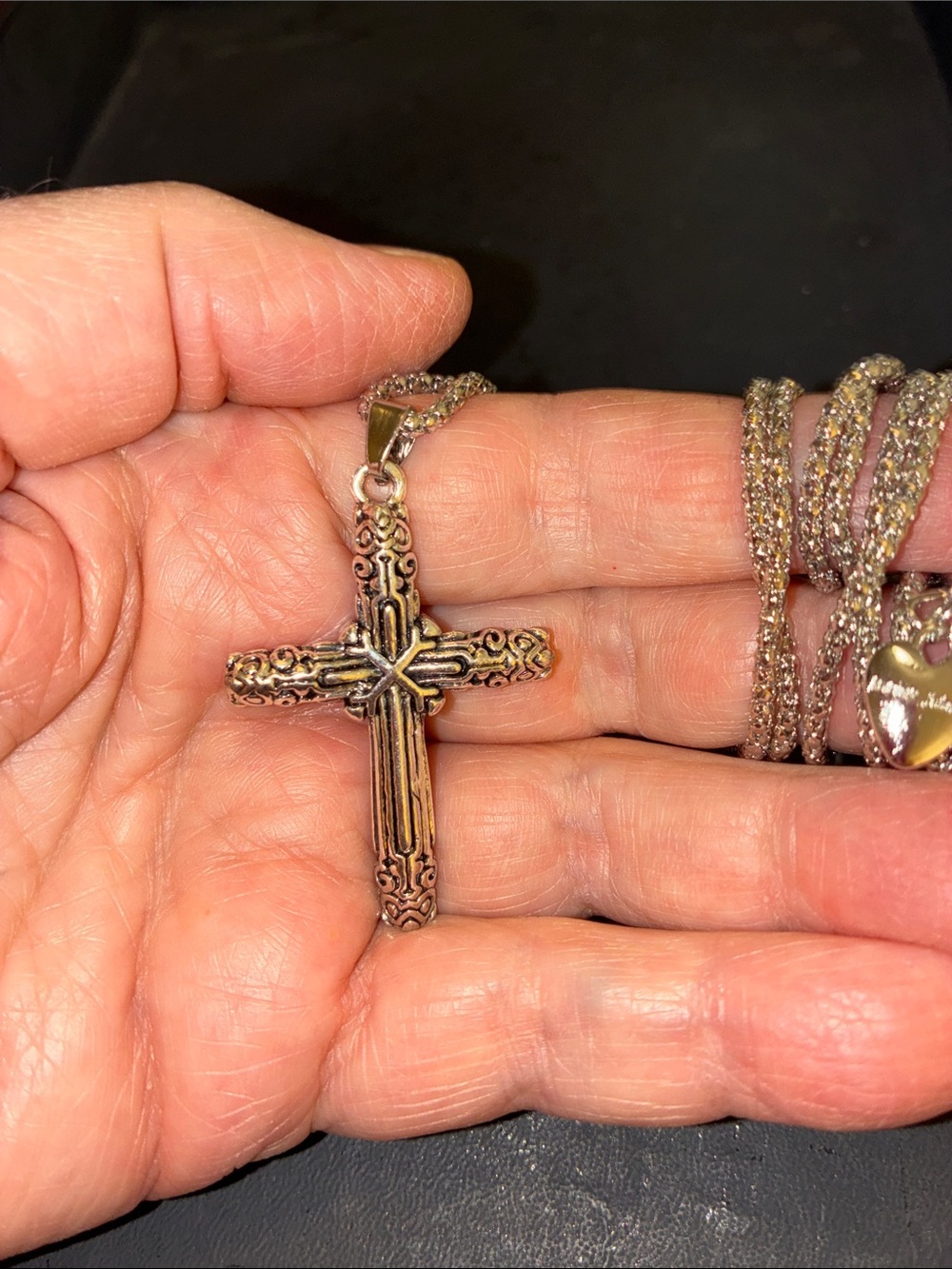 Ornate Silver Tone Cross Pendant Necklace